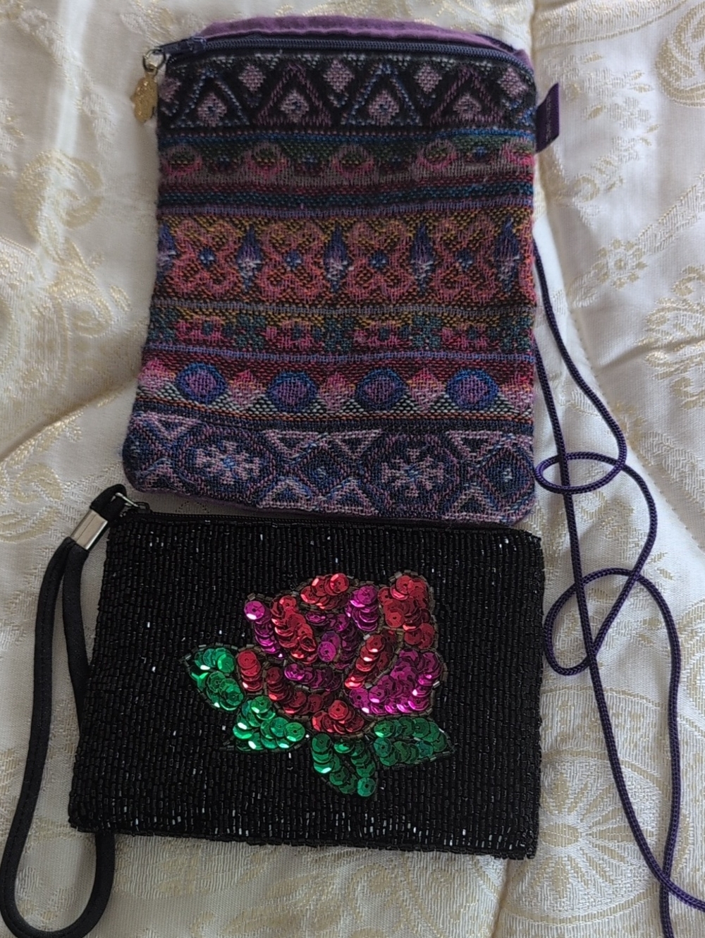 Sequin Black Mini Purse With Sequined Rose On Front.  And A Southwestern Style